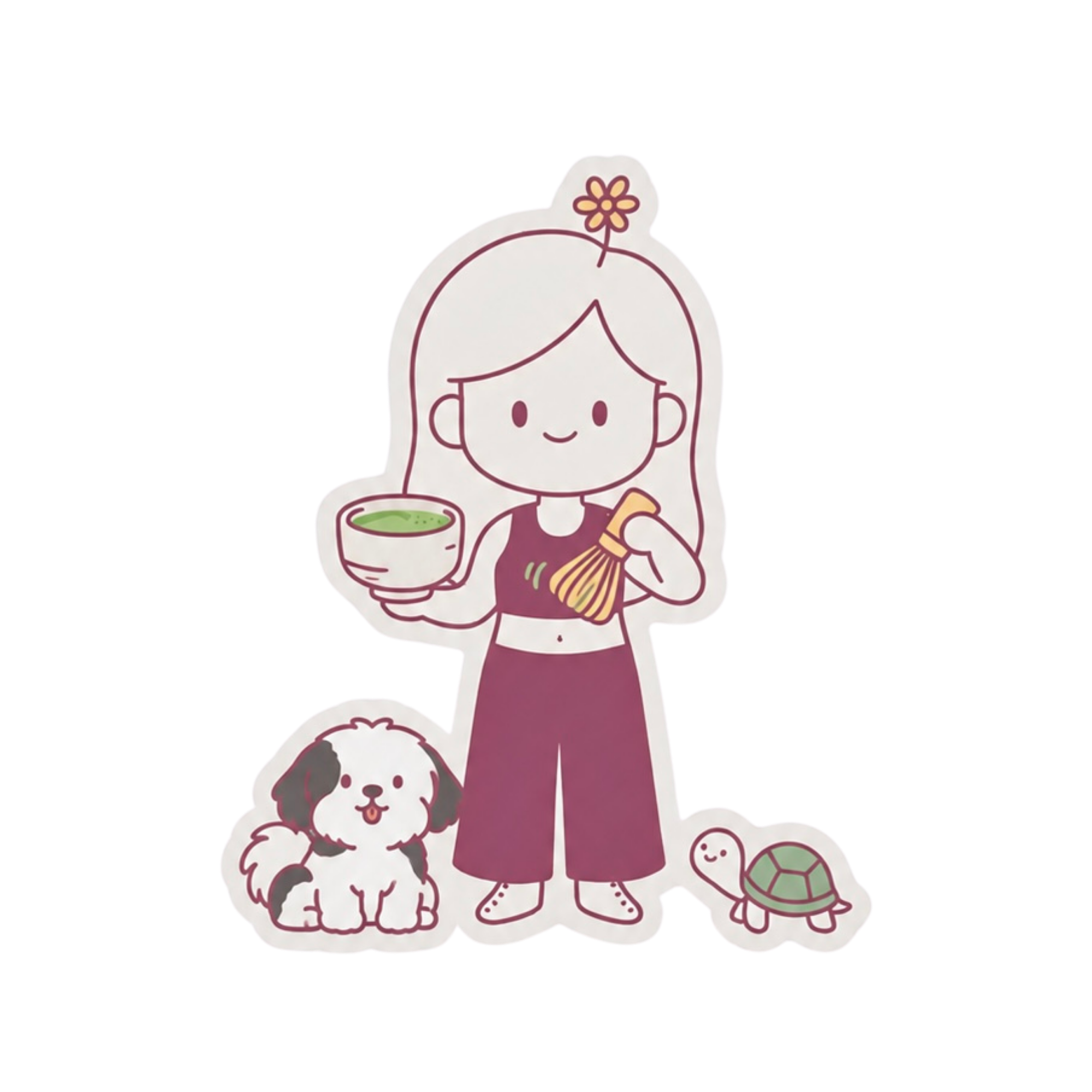 slowdrinks girl with matcha, dog and turtle